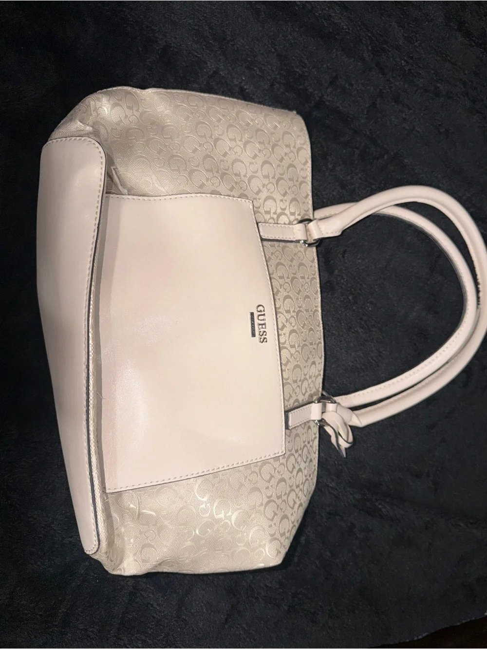 GUESS Cream Logo-Print Tote with Smooth Leather Panel